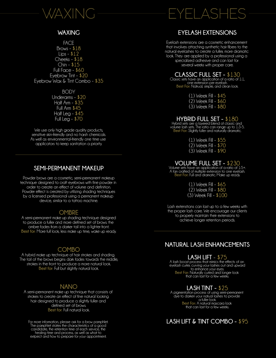 waxing and lash menu